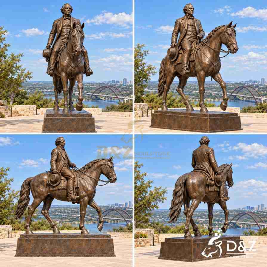 Four views of a Sam Houston equestrian statue showing front side three-quarter and rear details Four views of a Sam Houston equestrian statue showing front side three-quarter and rear details