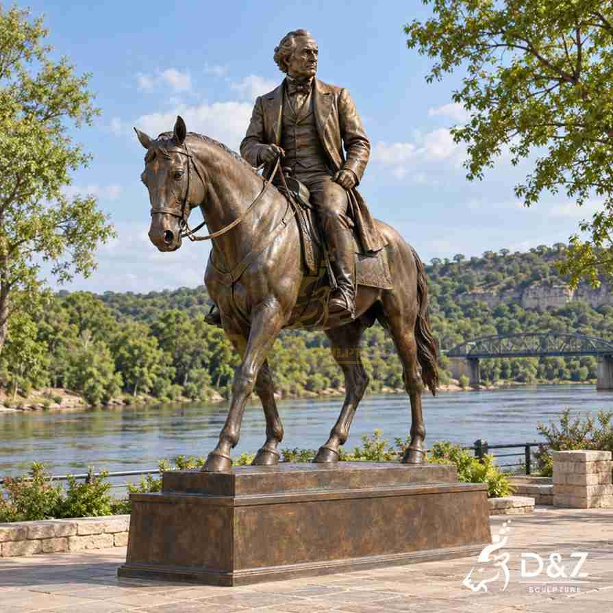 Sam Houston bronze horse statue featuring a calm walking horse beside a landscaped riverfront Sam Houston bronze horse statue featuring a calm walking horse beside a landscaped riverfront