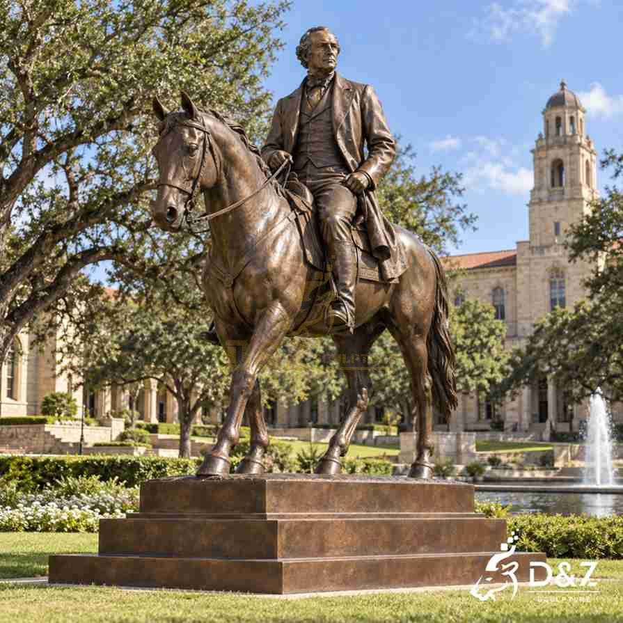 Bronze Sam Houston memorial statue on horse installed on a large pedestal in a landscaped campus setting Bronze Sam Houston memorial statue on horse installed on a large pedestal in a landscaped campus setting