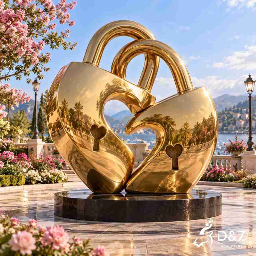 Golden love lock sculpture with two interlocking heart-shaped padlocks in an outdoor garden Golden love lock sculpture with two interlocking heart-shaped padlocks in an outdoor garden