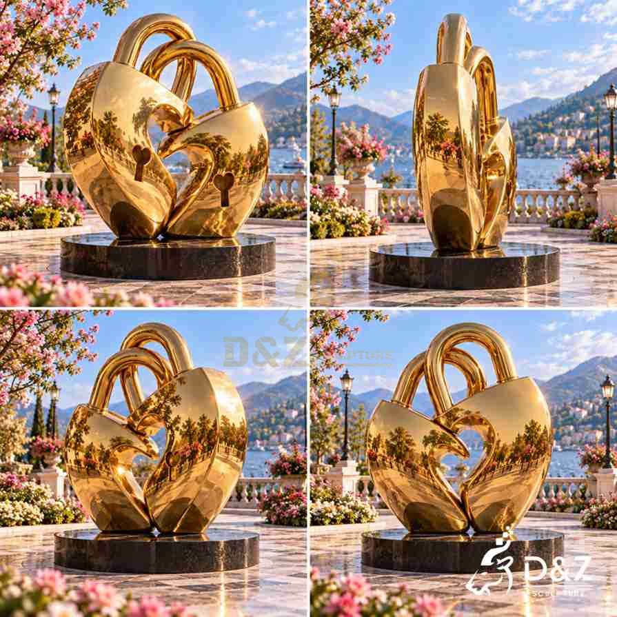 Multiple views of a golden love lock sculpture with interlocking padlocks and heart keyholes Multiple views of a golden love lock sculpture with interlocking padlocks and heart keyholes
