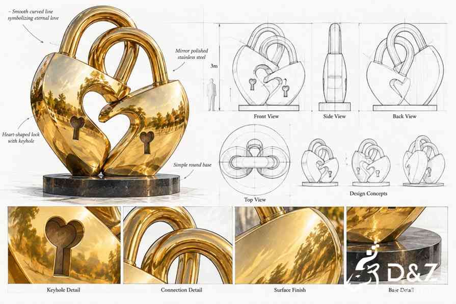 Design drawing of a 3-meter golden love lock sculpture with heart keyhole and stainless steel base Design drawing of a 3-meter golden love lock sculpture with heart keyhole and stainless steel base
