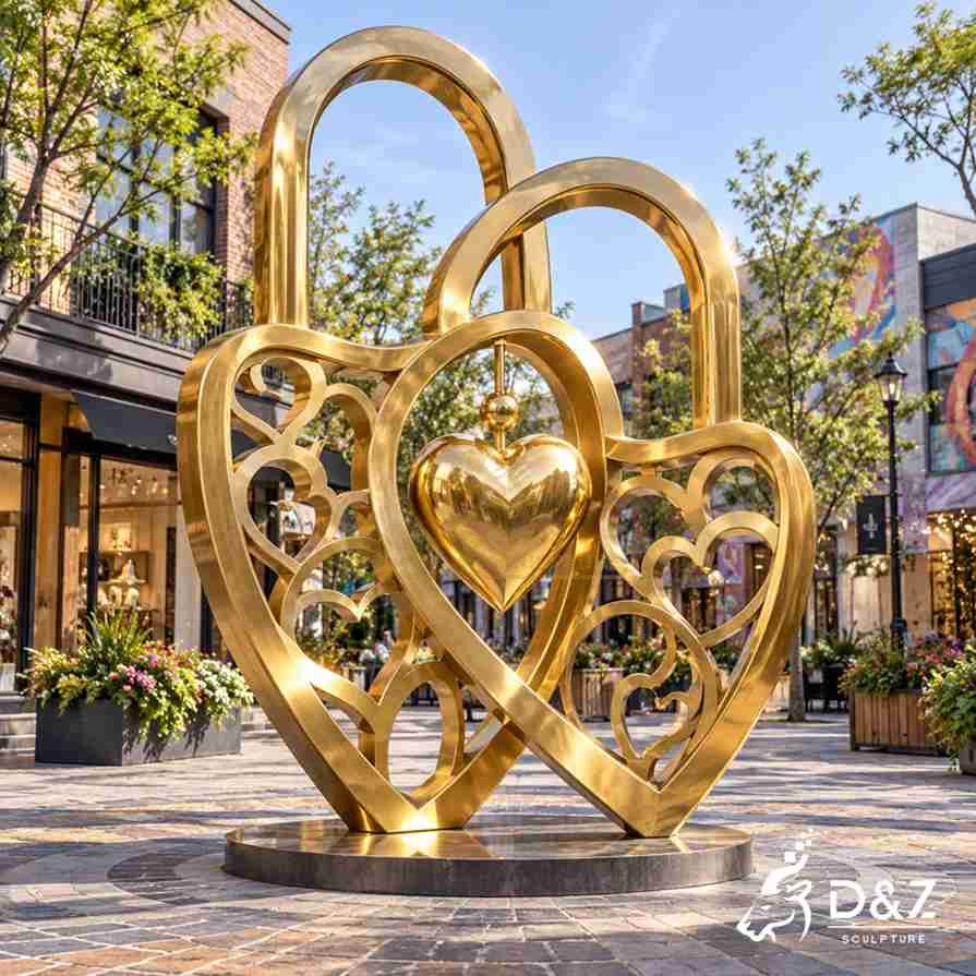 Golden love art sculpture with heart-shaped lock frame and hanging heart in a commercial plaza Golden love art sculpture with heart-shaped lock frame and hanging heart in a commercial plaza