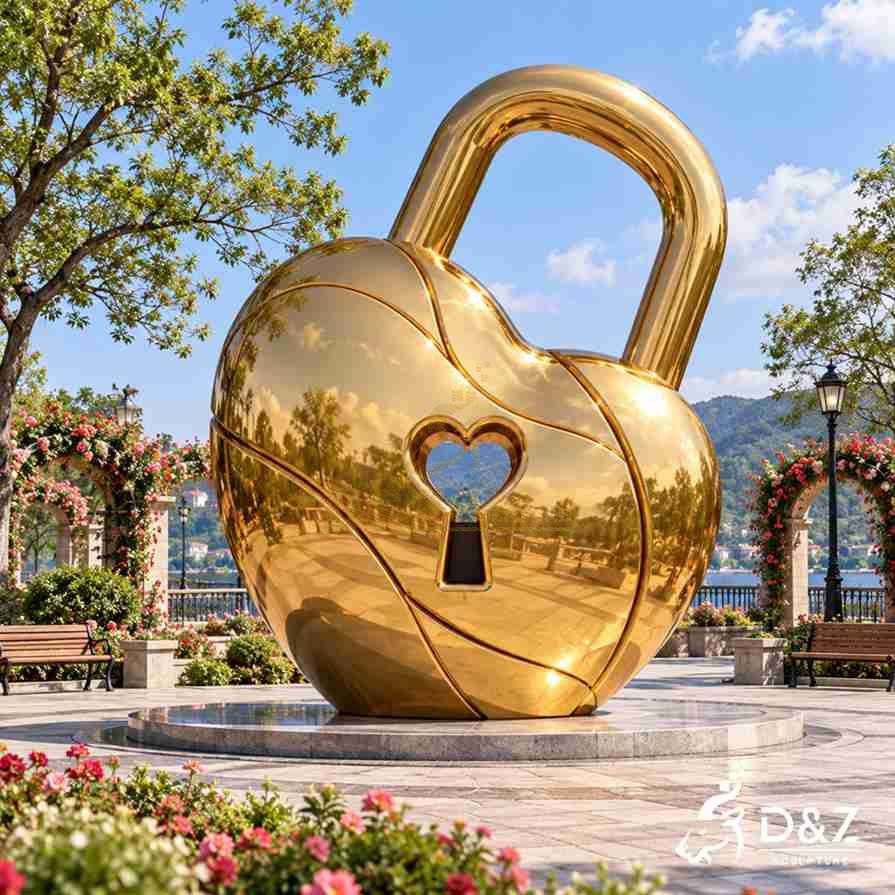 Large golden heart-shaped padlock sculpture with heart keyhole installed in a romantic park Large golden heart-shaped padlock sculpture with heart keyhole installed in a romantic park
