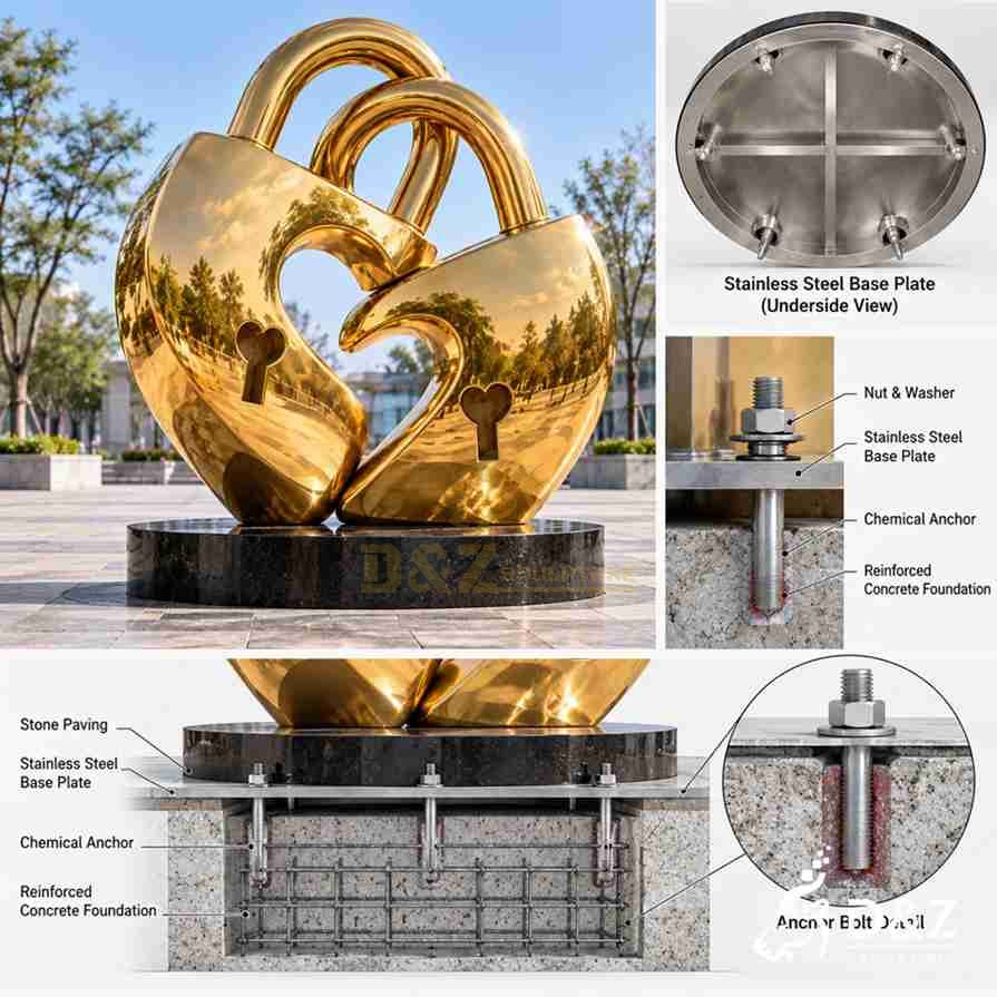Installation and anchor bolt detail for a large stainless steel love lock sculpture Installation and anchor bolt detail for a large stainless steel love lock sculpture