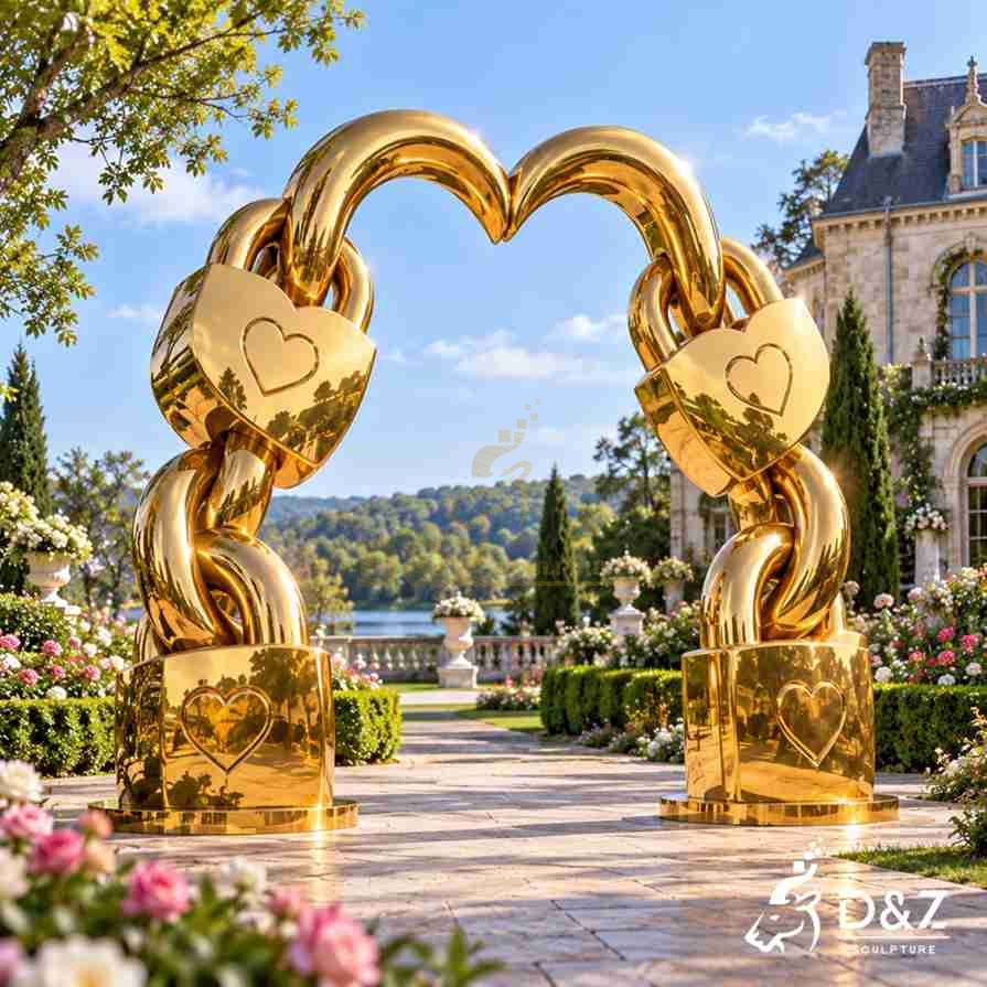Large golden love lock sculpture arch with heart-shaped padlocks in a luxury garden Large golden love lock sculpture arch with heart-shaped padlocks in a luxury garden