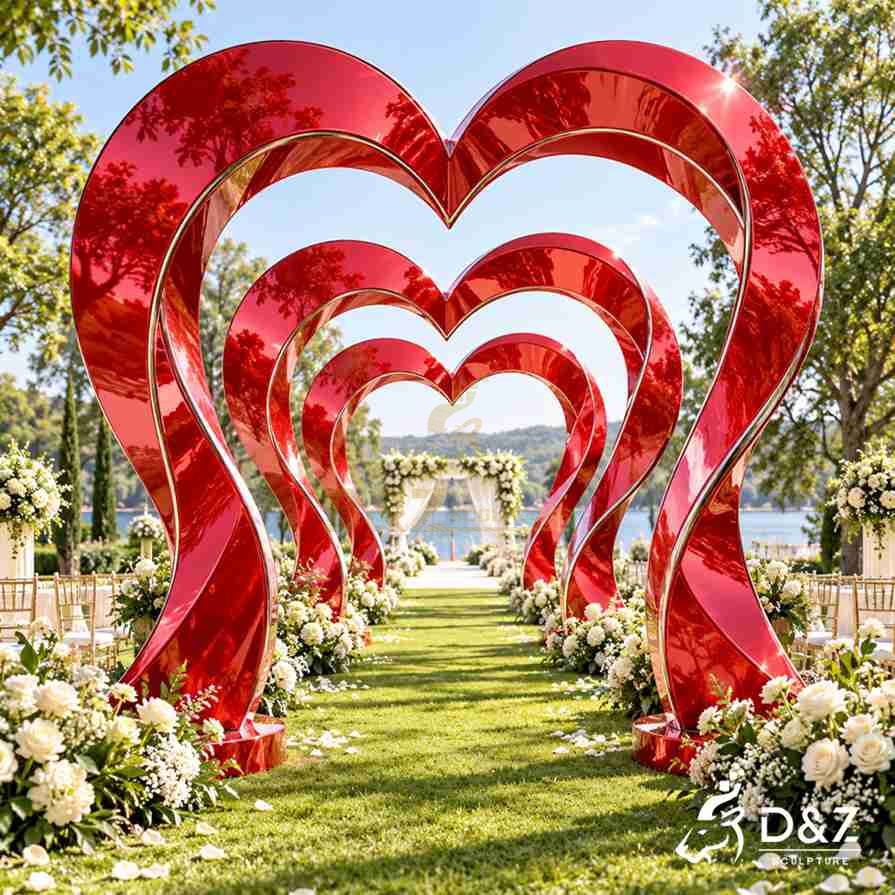 Large red love heart sculpture forming a romantic wedding aisle with multiple heart-shaped arches Large red love heart sculpture forming a romantic wedding aisle with multiple heart-shaped arches