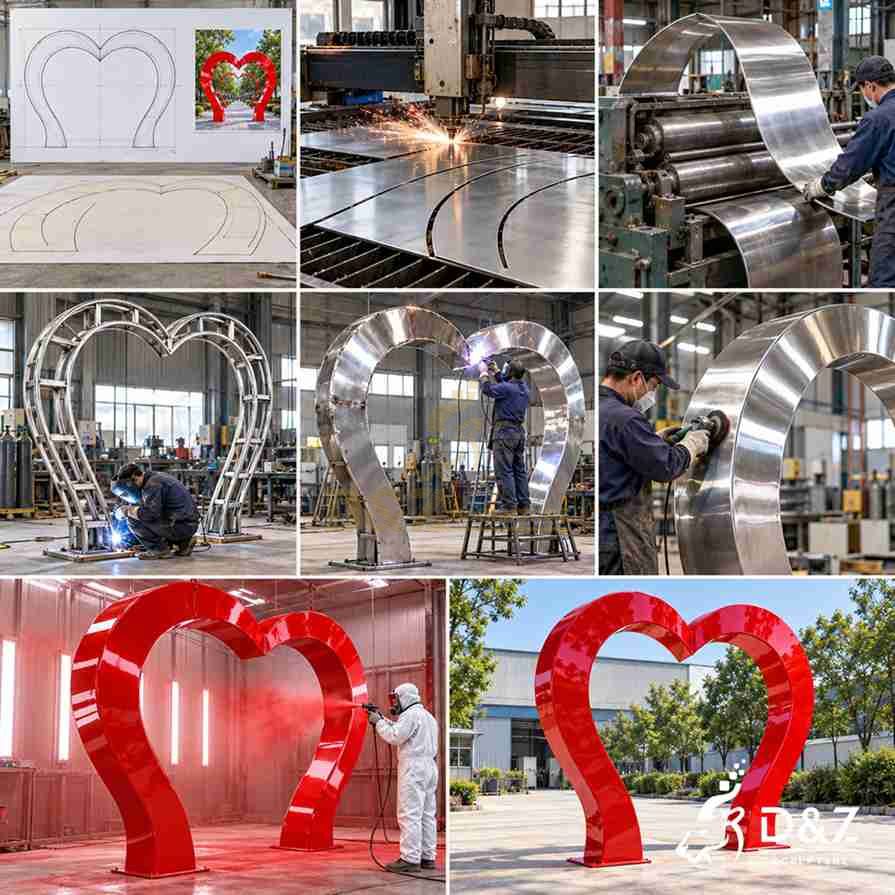 Stainless steel metal heart sculpture production process showing design, cutting, bending, welding, polishing, and red finishing Stainless steel metal heart sculpture production process showing design, cutting, bending, welding, polishing, and red finishing