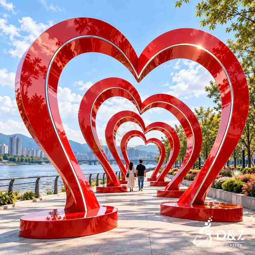 Large red heart tunnel sculpture with repeated stainless steel arches installed along a scenic waterfront walkway Large red heart tunnel sculpture with repeated stainless steel arches installed along a scenic waterfront walkway
