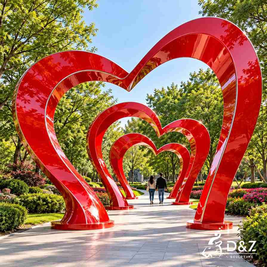 Red heart sculpture with multiple large walk-through arches creating a romantic public art installation in a park Red heart sculpture with multiple large walk-through arches creating a romantic public art installation in a park