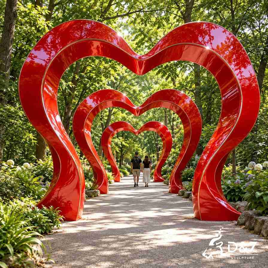 Walk-through red love heart sculpture with repeated heart arches installed along a tree-lined garden pathway Walk-through red love heart sculpture with repeated heart arches installed along a tree-lined garden pathway