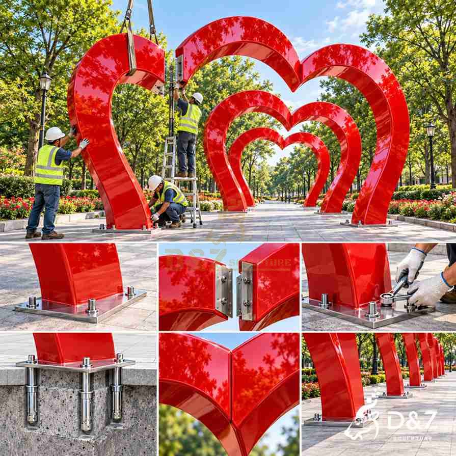 Installation process of a large love heart sculpture showing lifting, base plates, bolts, and structural connections Installation process of a large love heart sculpture showing lifting, base plates, bolts, and structural connections