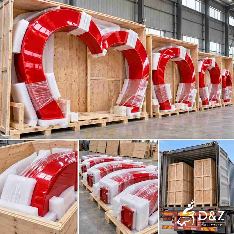Large red metal heart sculpture modules protected with foam and packed in wooden crates for international shipping Large red metal heart sculpture modules protected with foam and packed in wooden crates for international shipping