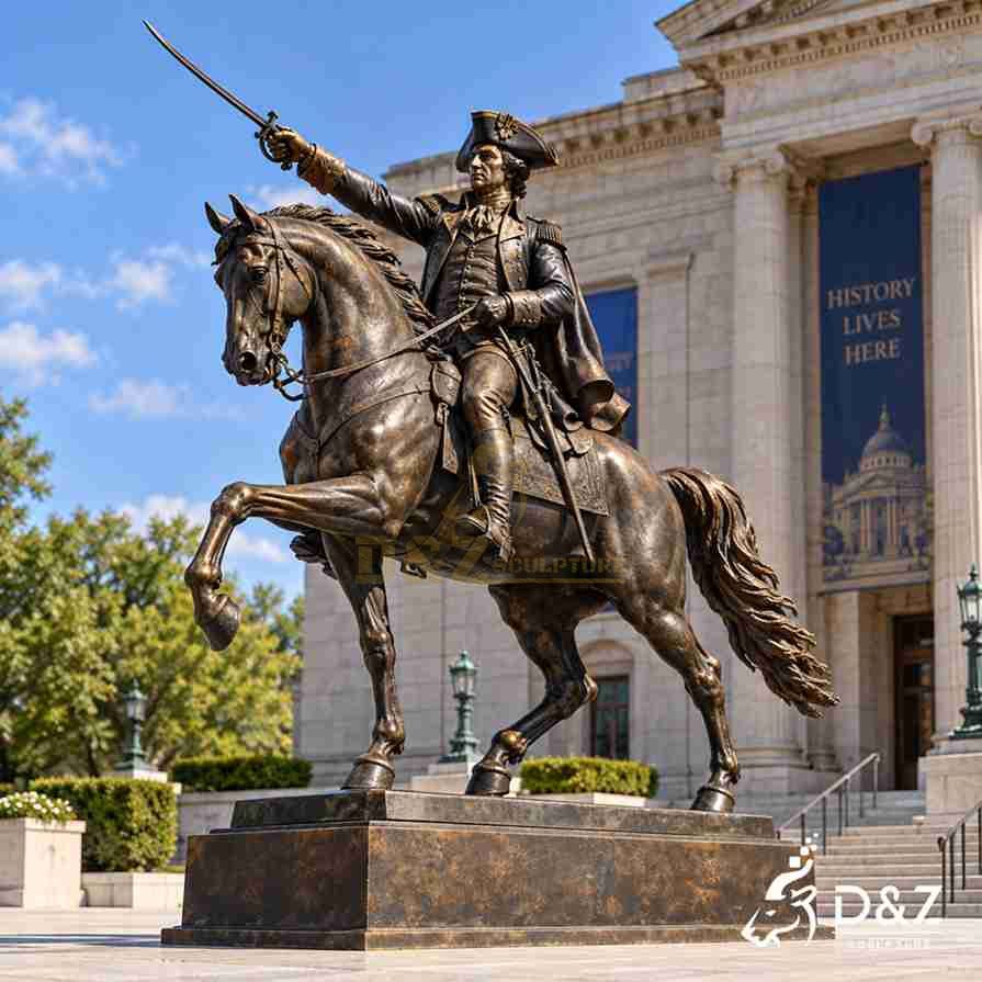 Large bronze George Washington equestrian statue with raised sword and dynamic horse in front of a historical building