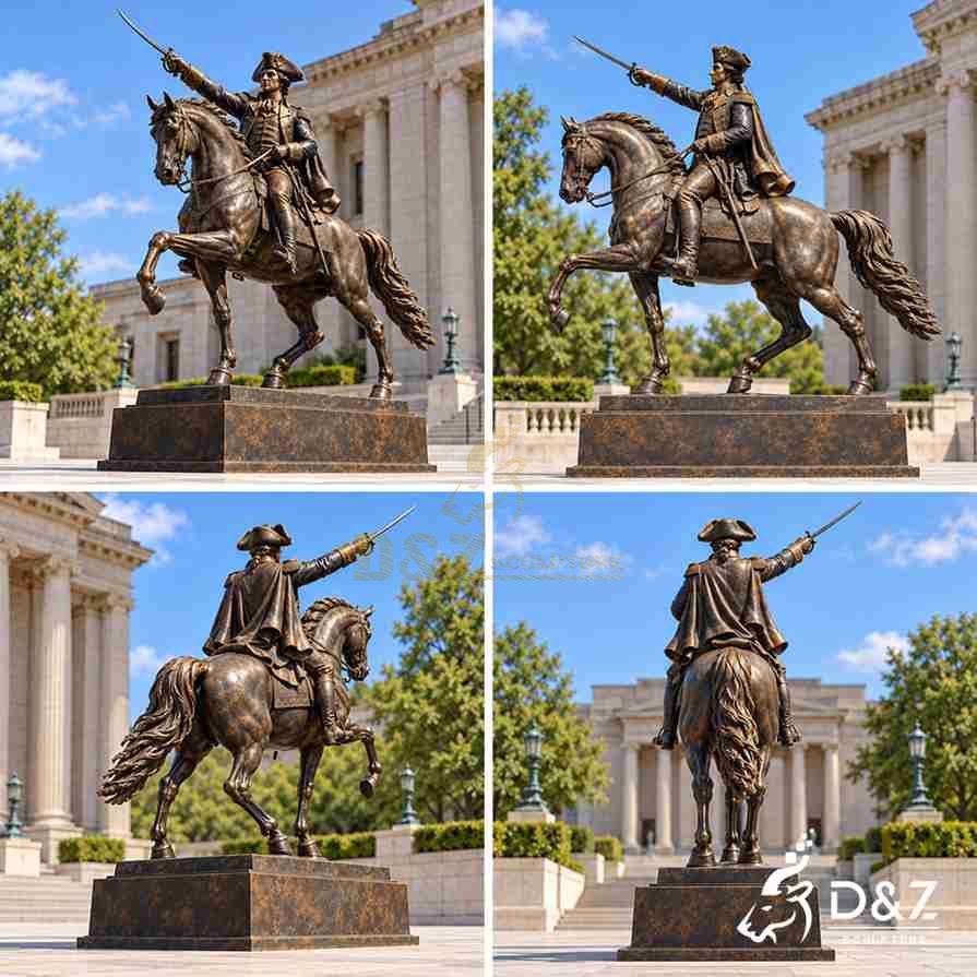 Multiple views of a bronze George Washington equestrian statue showing front side and rear details