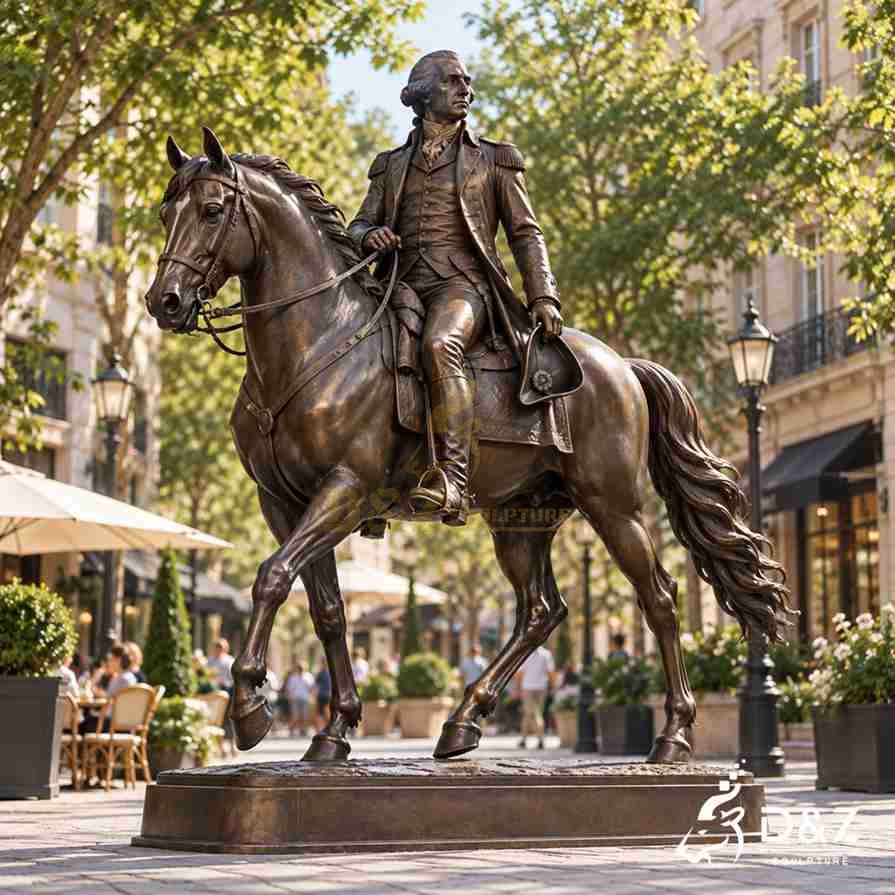 Bronze George Washington horse statue with detailed military uniform reins saddle and realistic horse anatomy