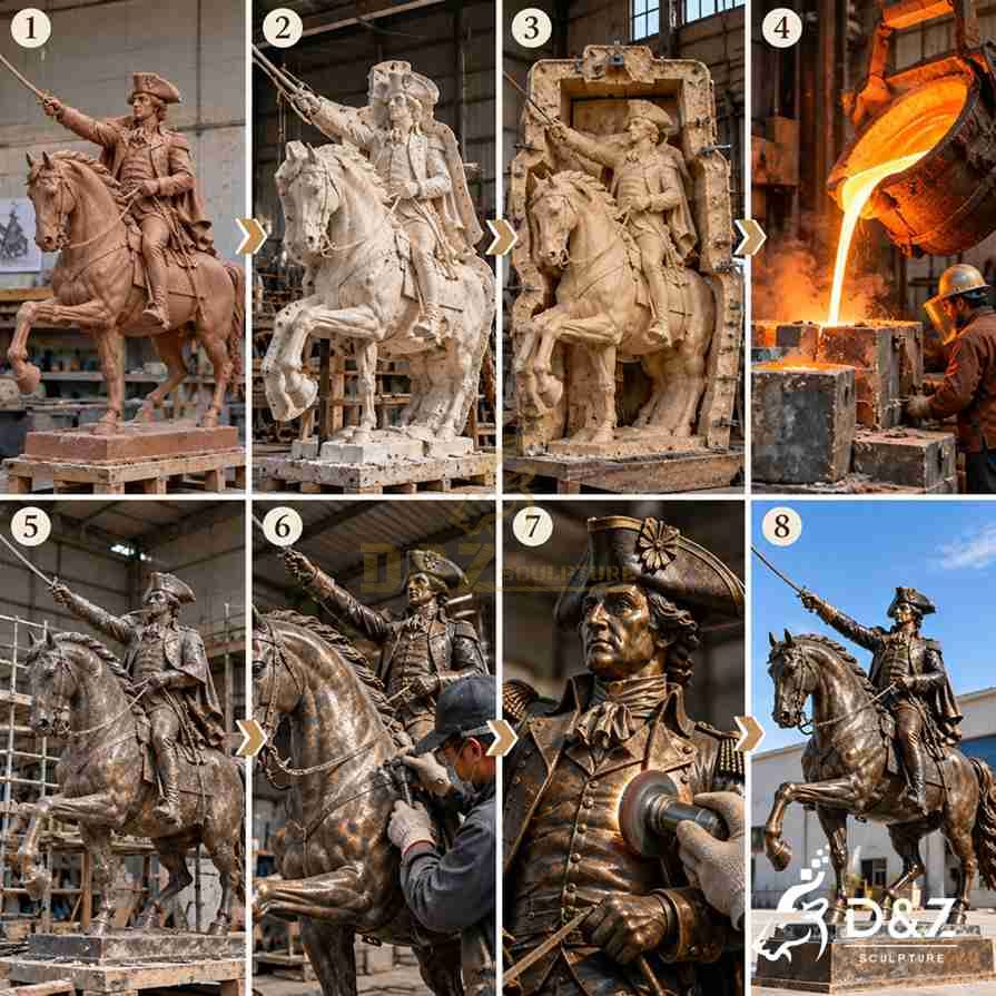 Lost-wax casting process of a George Washington equestrian statue from clay model and mold making to bronze finishing