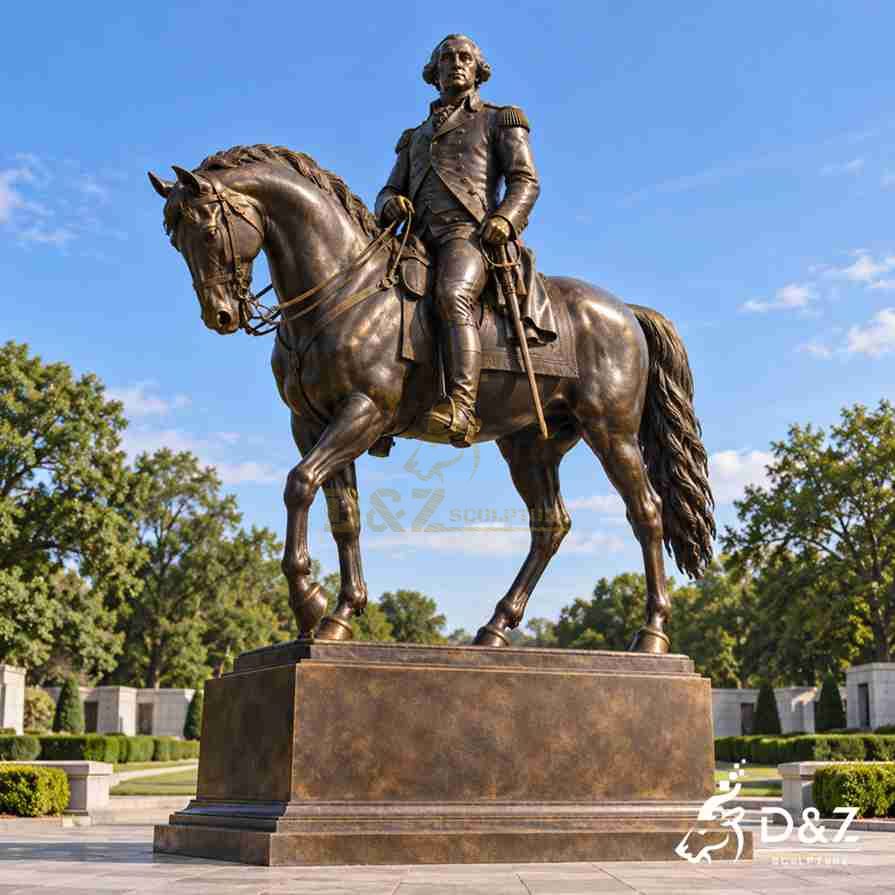Large bronze George Washington memorial equestrian statue on a monumental pedestal in an outdoor memorial setting