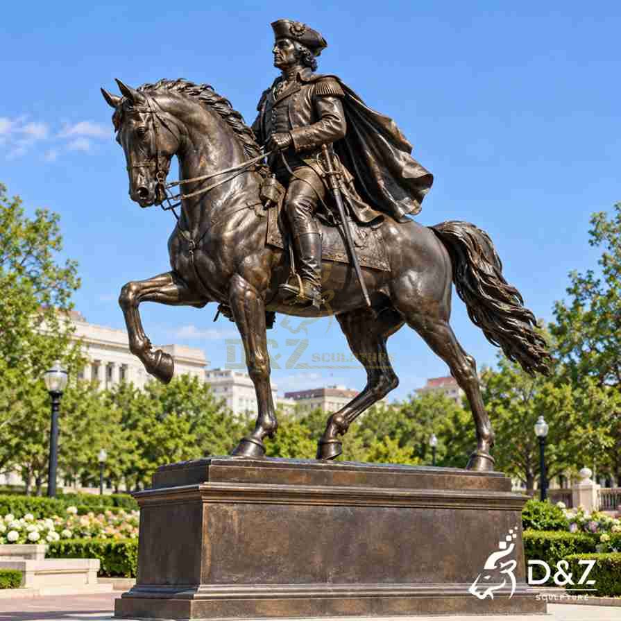 Bronze George Washington cavalry statue with tricorn hat military cloak and raised front leg horse