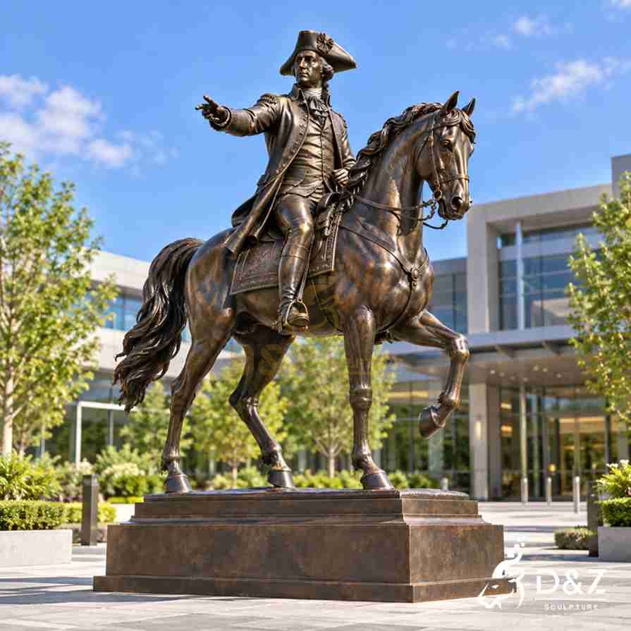 George Washington statue on horse with commanding hand gesture installed in a modern civic plaza