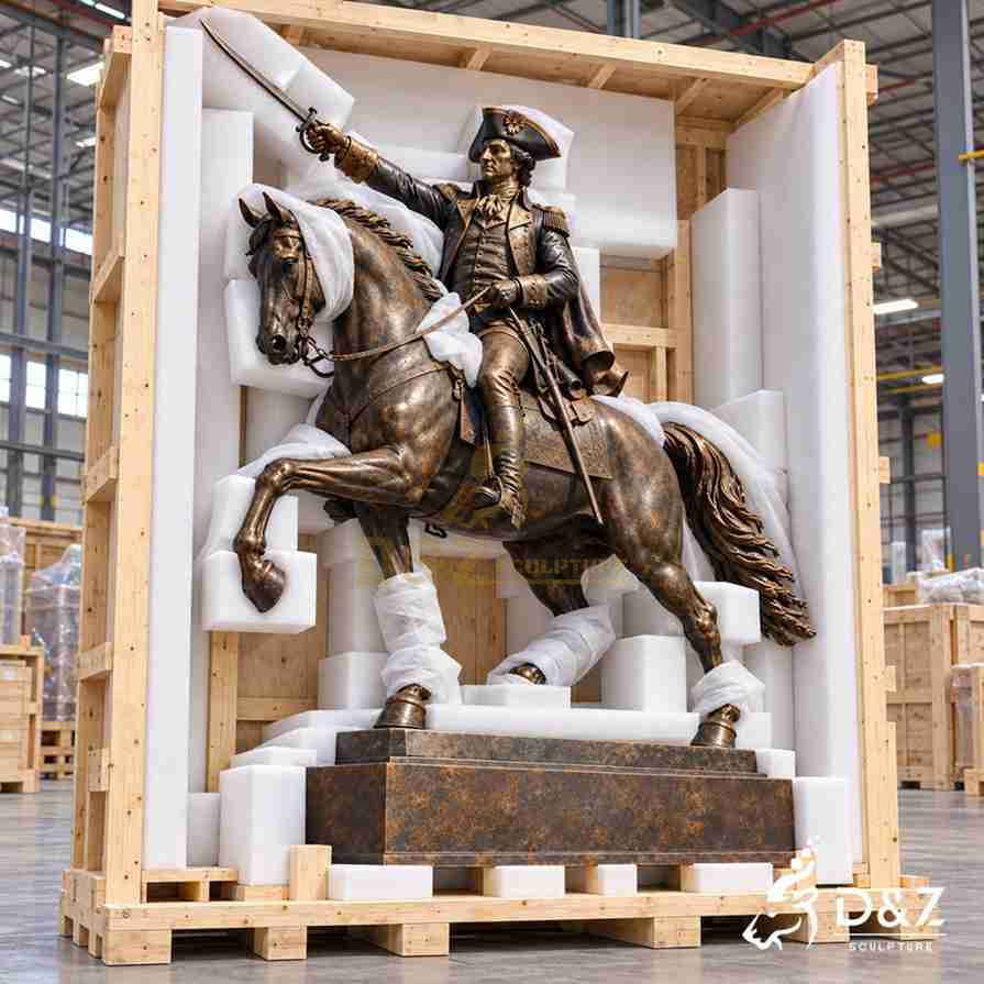 Large bronze George Washington equestrian statue protected with foam inside a reinforced wooden shipping crate