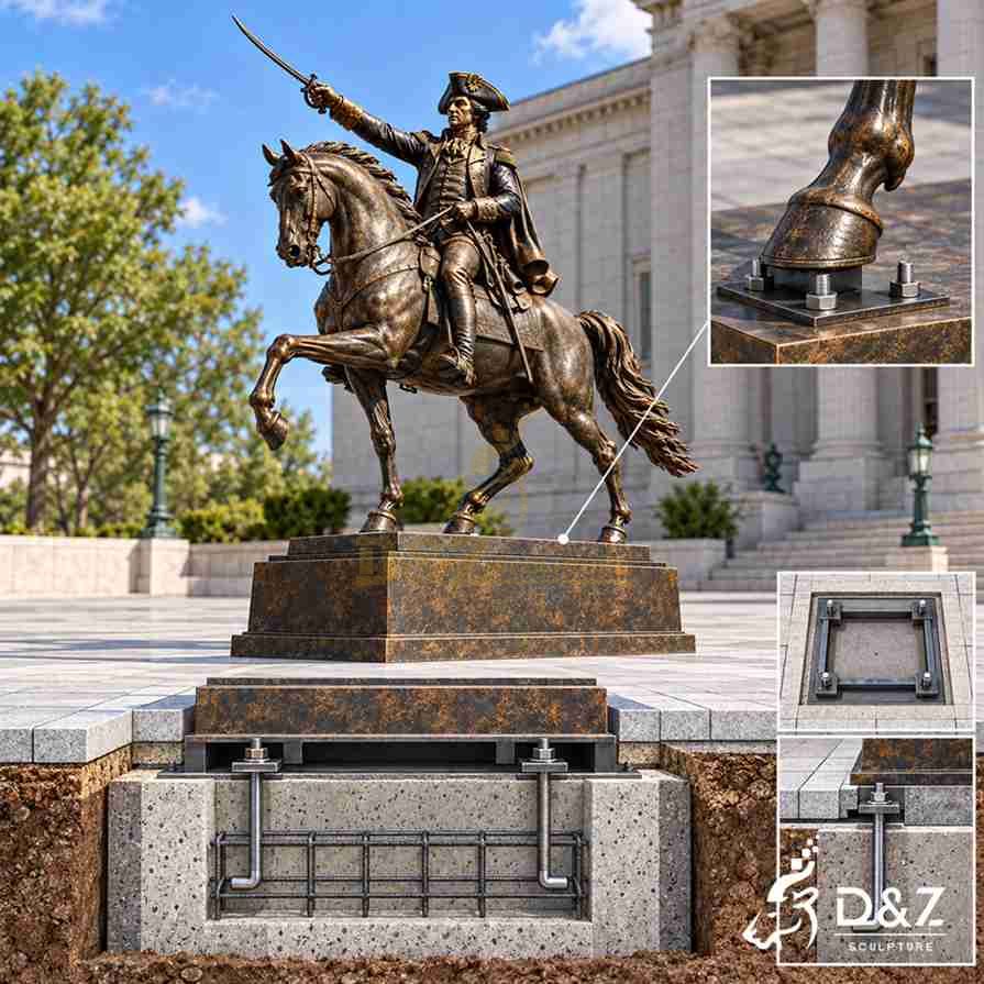 Installation system for a large George Washington equestrian statue showing base plate anchor bolts and concrete foundation