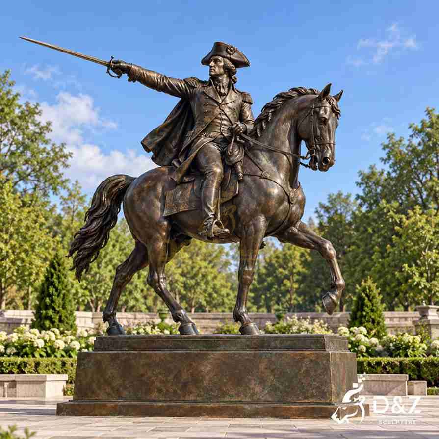 Large George Washington equestrian statue in bronze with raised sword dynamic horse and custom memorial pedestal
