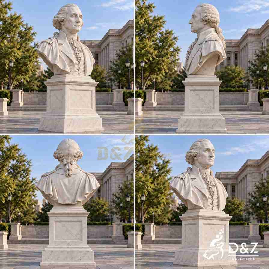 Four views of a George Washington marble bust showing the front, side, back, and three-quarter sculptural details