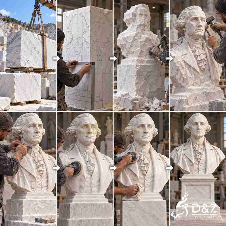 Illustrated marble carving process for a George Washington bust from stone selection to detailed finishing