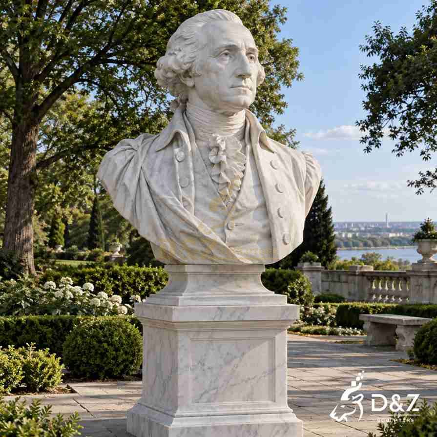 White marble George Washington bust on a square stone pedestal in a landscaped memorial garden