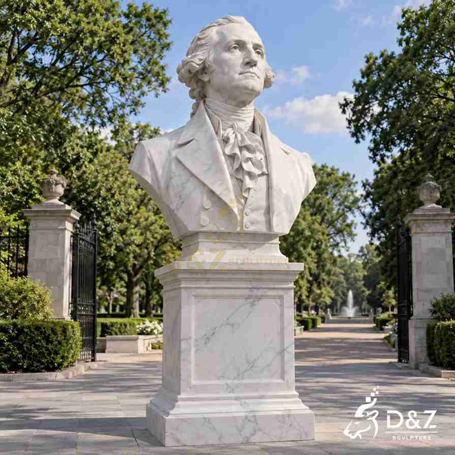 Large neoclassical George Washington marble bust statue installed at the entrance to a formal garden