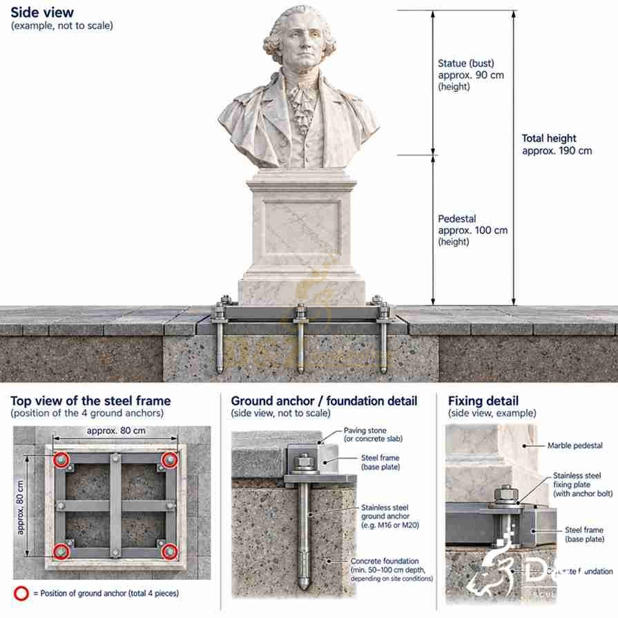 Illustrative installation diagram for a George Washington marble bust with pedestal dimensions and foundation anchors