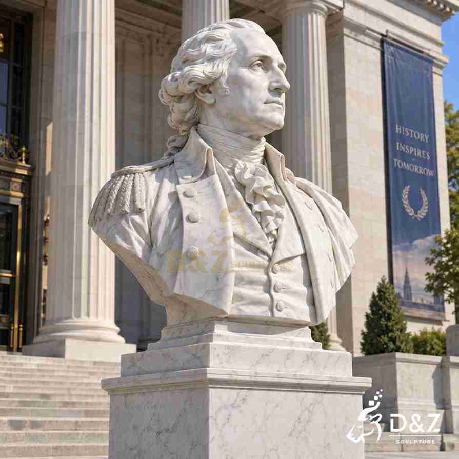 Close three-quarter view of a George Washington marble bust with detailed hair and colonial dress outside a classical building