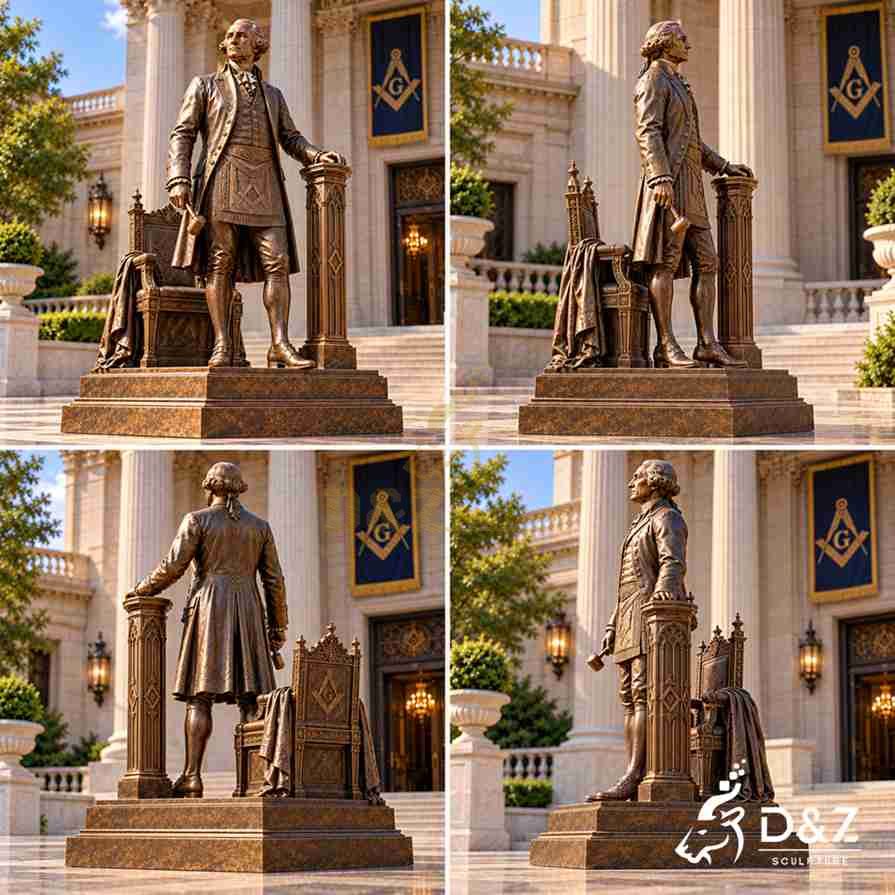 Four views of a George Washington Masonic statue showing the front, side, back, and detailed bronze clothing Four views of a George Washington Masonic statue showing the front, side, back, and detailed bronze clothing
