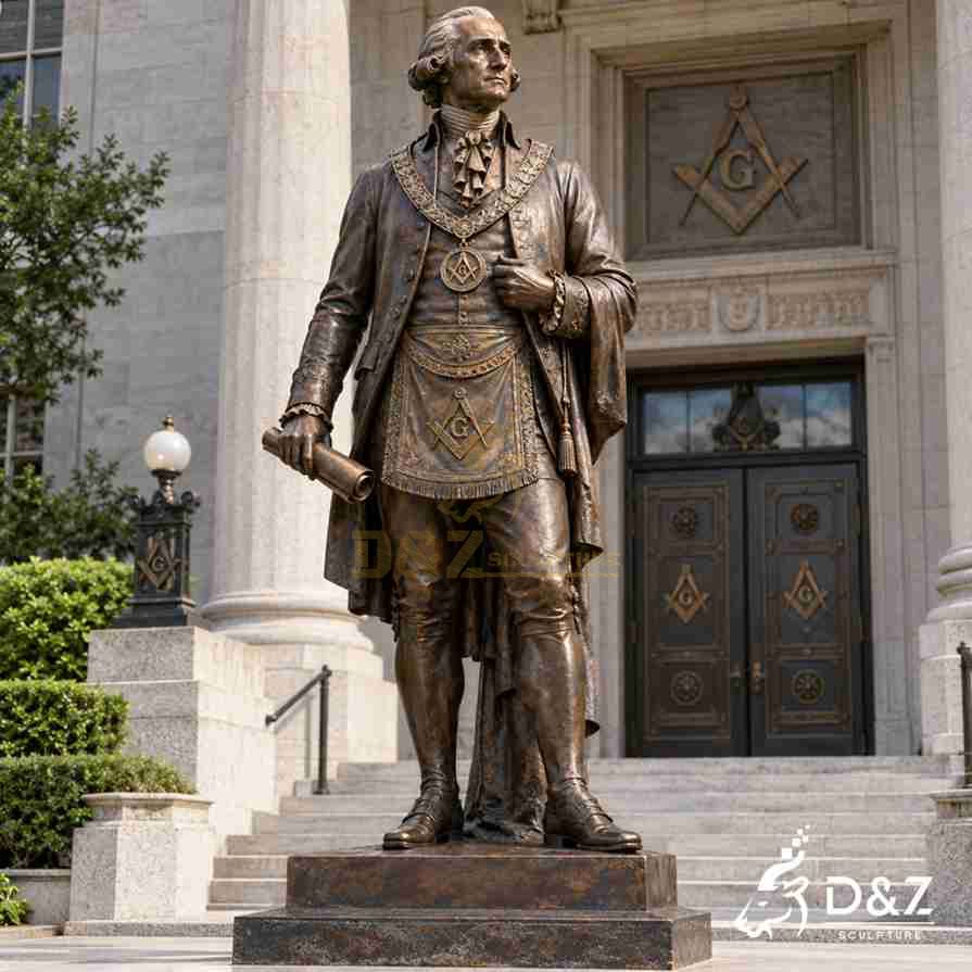 Bronze George Washington Freemason statue wearing a Masonic apron and ceremonial medallion while holding a scroll Bronze George Washington Freemason statue wearing a Masonic apron and ceremonial medallion while holding a scroll