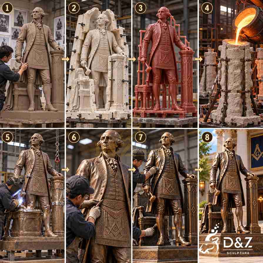 Illustrated lost-wax casting process for a bronze Masonic statue, including clay modeling, mold making, bronze pouring, and finishing Illustrated lost-wax casting process for a bronze Masonic statue, including clay modeling, mold making, bronze pouring, and finishing