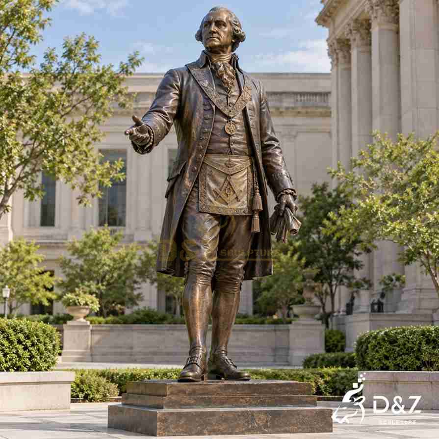 George Washington bronze statue with an extended hand, ceremonial Masonic apron, and scroll outside a classical building George Washington bronze statue with an extended hand, ceremonial Masonic apron, and scroll outside a classical building