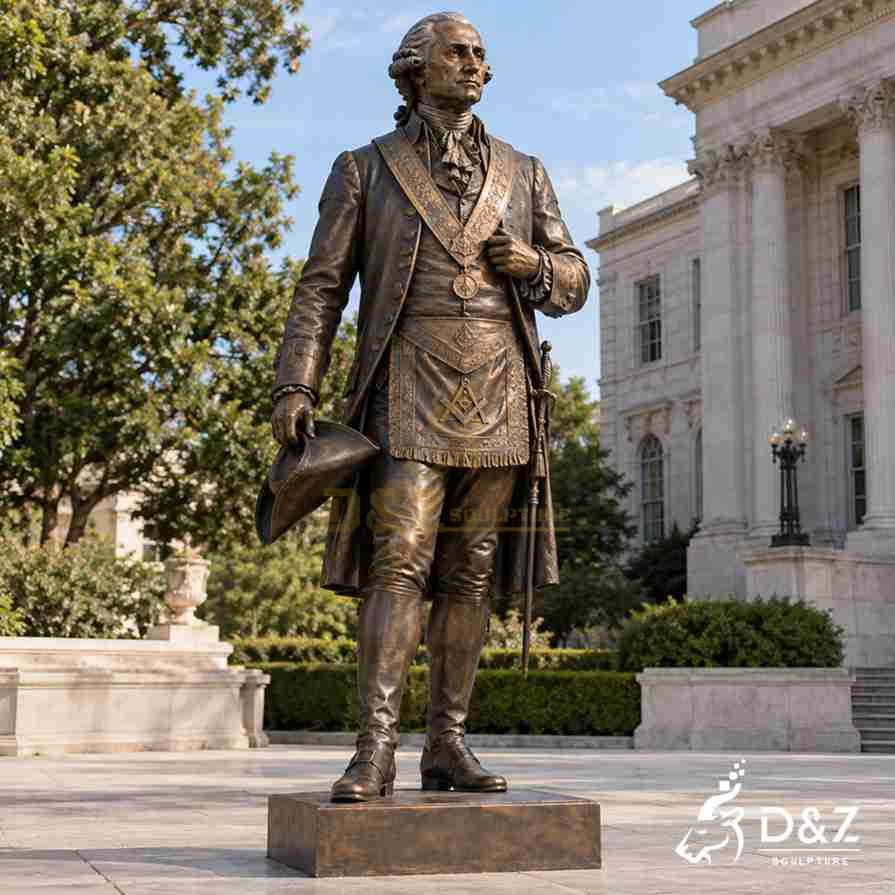 Outdoor bronze George Washington Masonic statue with detailed historical clothing and a matching bronze pedestal Outdoor bronze George Washington Masonic statue with detailed historical clothing and a matching bronze pedestal