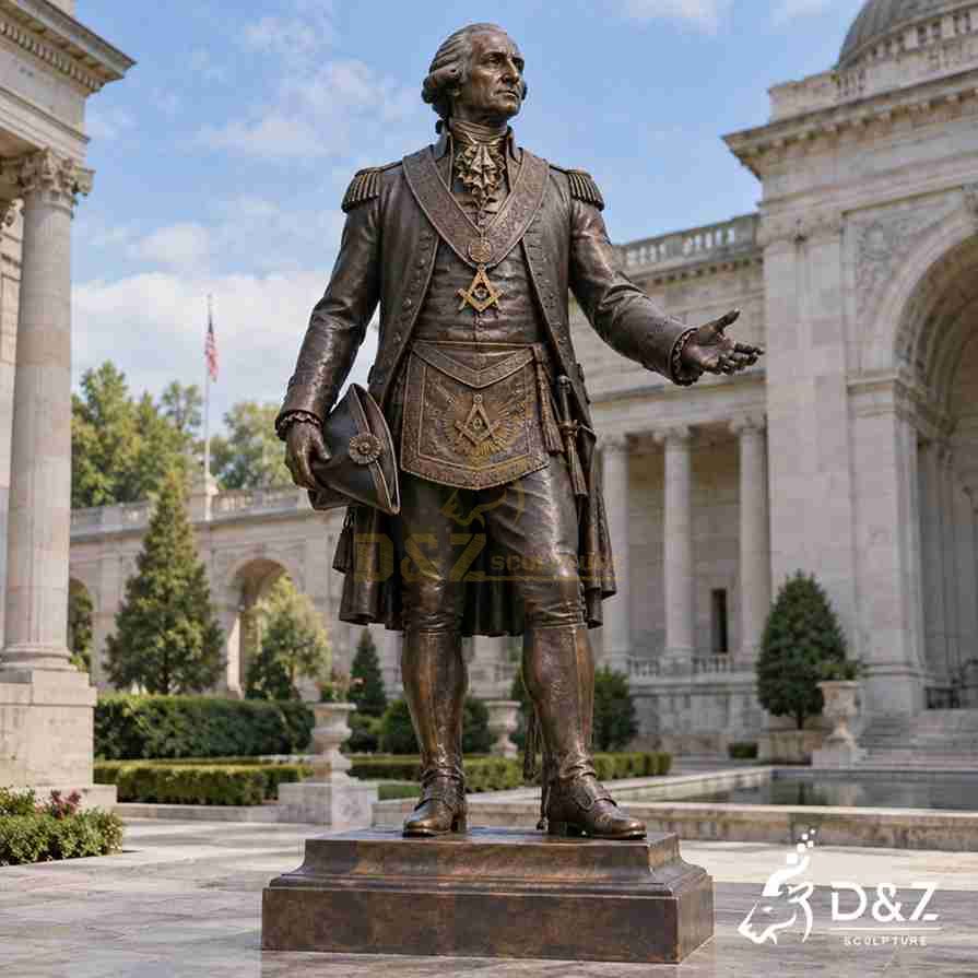 Outdoor bronze George Washington Masonic statue with detailed historical clothing and a matching bronze pedestal Outdoor bronze George Washington Masonic statue with detailed historical clothing and a matching bronze pedestal