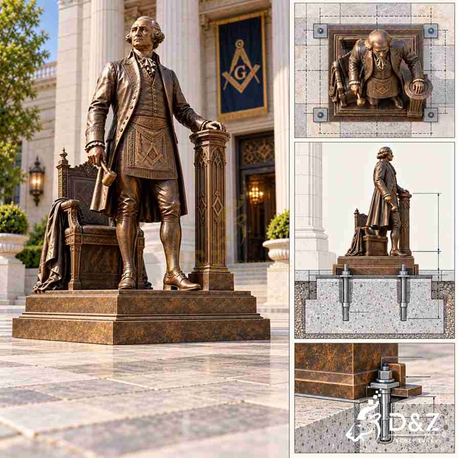 Installation diagram of a George Washington bronze statue showing the pedestal, anchor bolts, and concrete foundation Installation diagram of a George Washington bronze statue showing the pedestal, anchor bolts, and concrete foundation