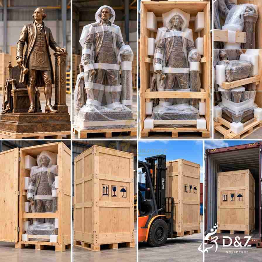Illustrated packing process for a George Washington Masonic statue with protective foam, reinforced wooden crates, and container loading Illustrated packing process for a George Washington Masonic statue with protective foam, reinforced wooden crates, and container loading