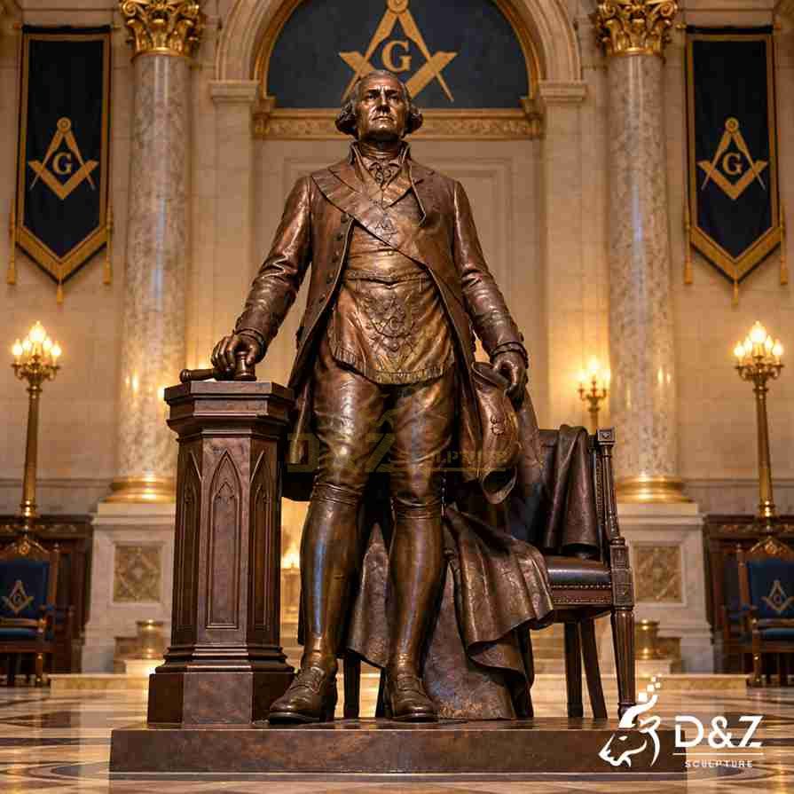 Large bronze George Washington Masonic statue holding a gavel beside a ceremonial chair inside a classical Masonic hall Large bronze George Washington Masonic statue holding a gavel beside a ceremonial chair inside a classical Masonic hall