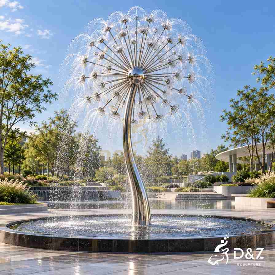 Large stainless steel dandelion water fountain with a curved mirror-polished stem, radial spray nozzles, and a circular outdoor water basin.