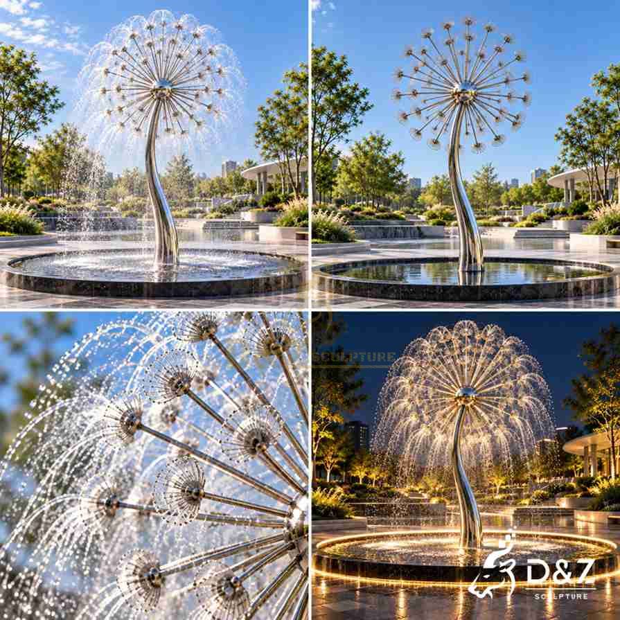 Four views of a dandelion fountain showing daytime water spray, the sculpture without water, close-up spray heads, and warm nighttime LED lighting.