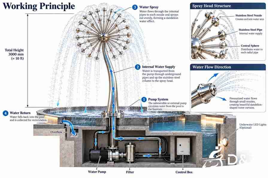 Four views of a dandelion fountain showing daytime water spray, the sculpture without water, close-up spray heads, and warm nighttime LED lighting.