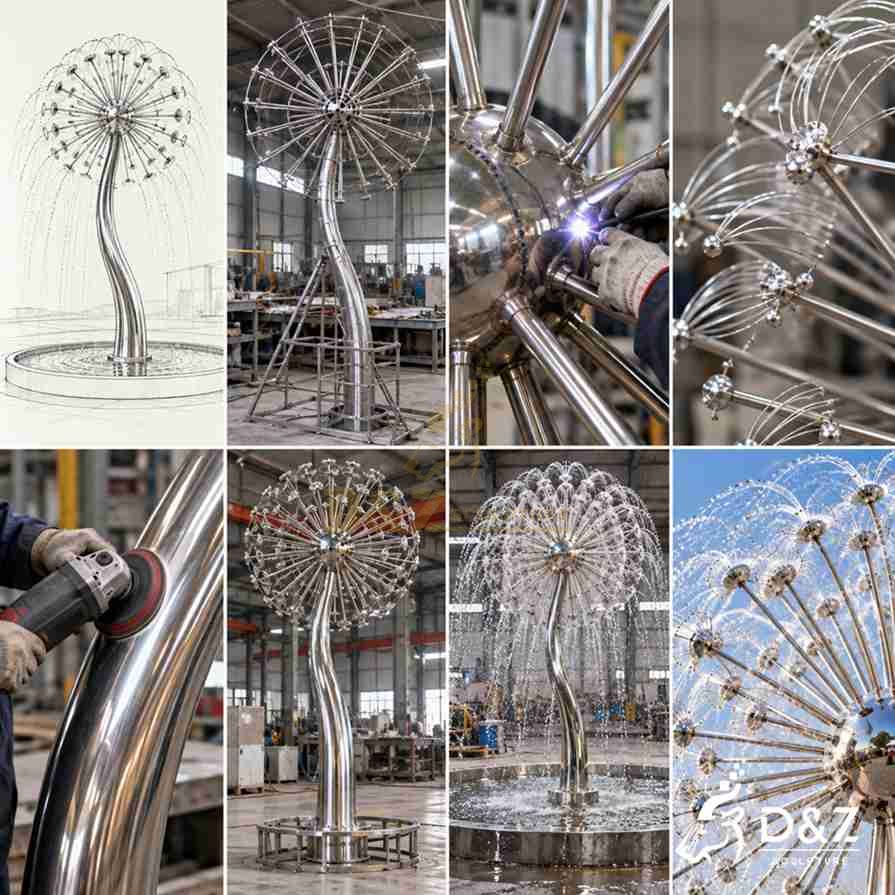 Illustrated stainless steel fountain fabrication stages showing structural assembly, welding, polishing, radial nozzle installation, and spray testing.