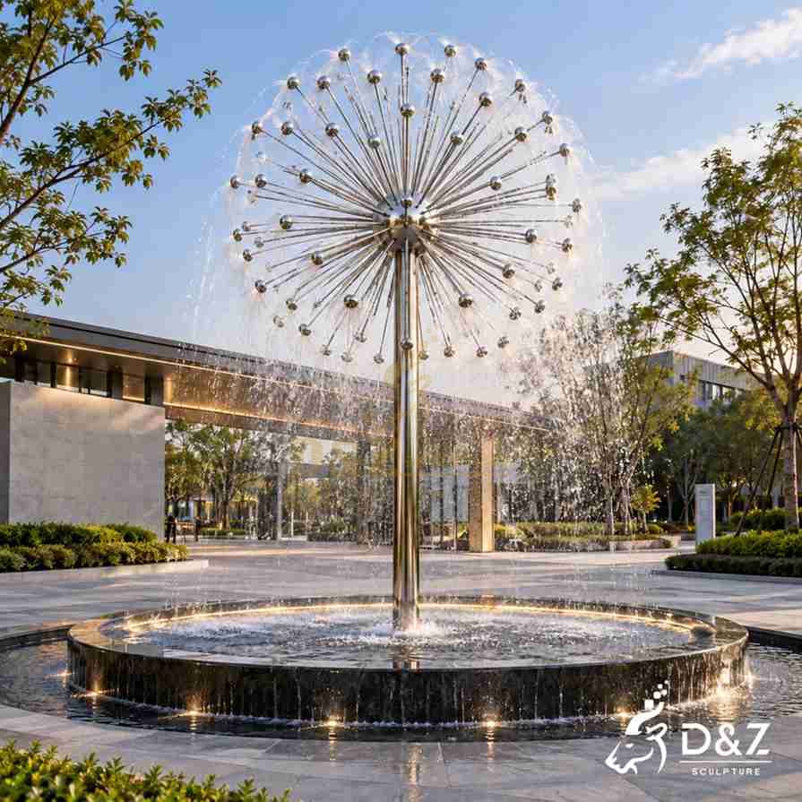 Outdoor stainless steel dandelion fountain with a spherical water spray display in front of a modern landscaped building.