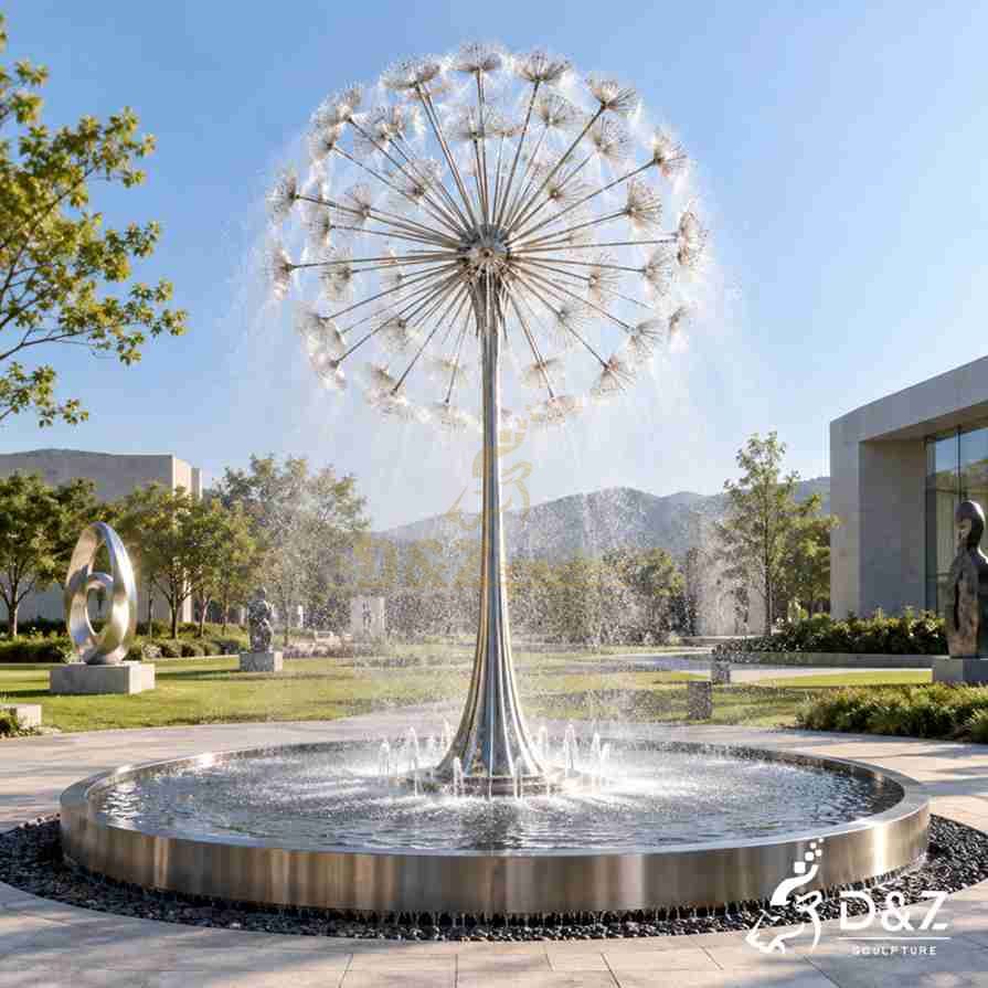 Large dandelion water fountain with mirror-polished stainless steel branches and fine arcing water jets in a contemporary art park.