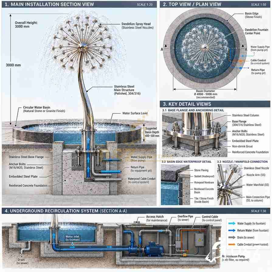 Technical illustration of dandelion fountain installation showing a stainless steel mounting flange, anchor bolts, water basin, and recirculation system.