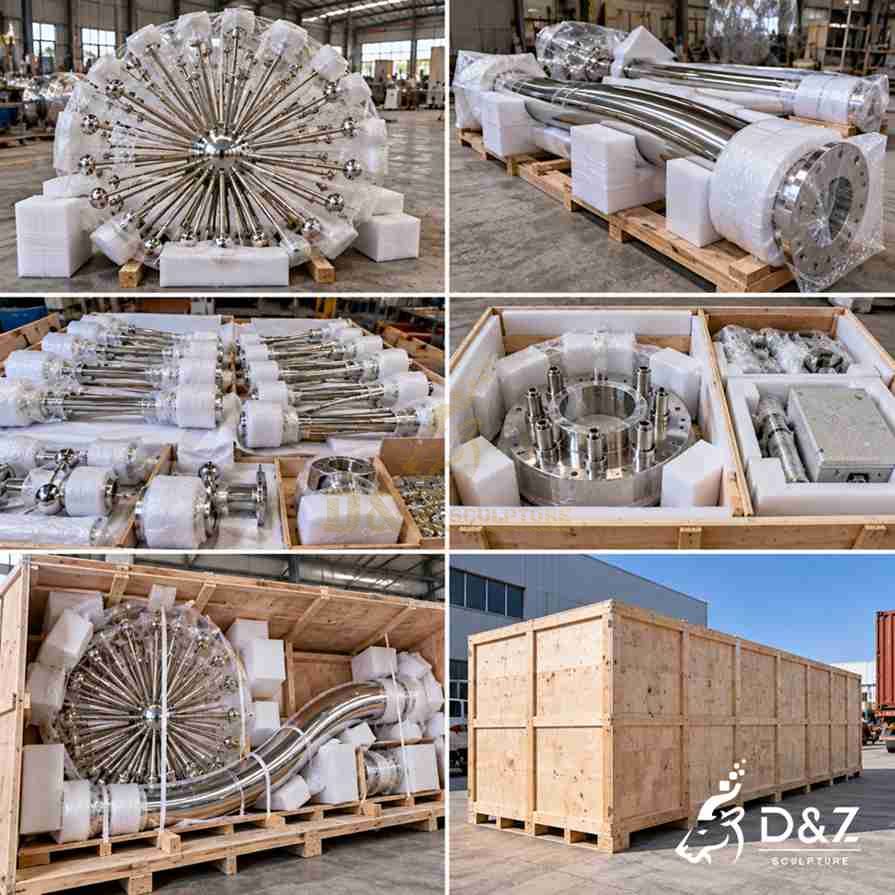 Illustrated export packing arrangement for stainless steel dandelion fountain components with protective foam, wooden pallets, and reinforced shipping crates.